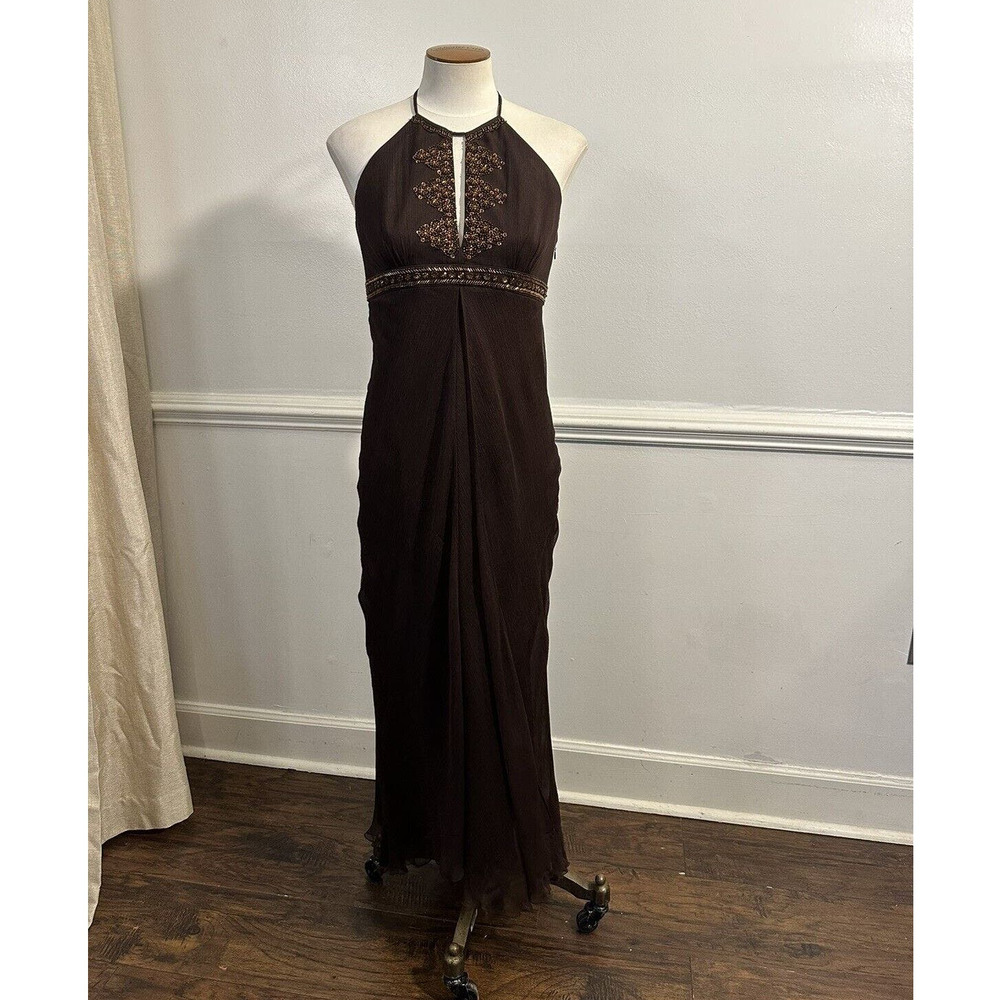 Laundry By Shelli Segal Brown V Neck Beaded Gown Formal Event Dress Sz 8